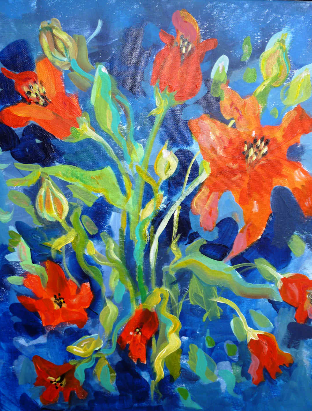 Red Flowers on Blue Background